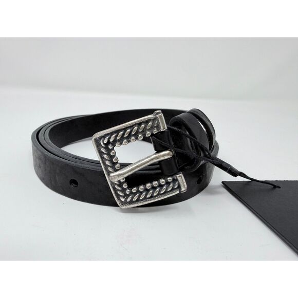 NEW The Kooples Women\'s Thin Black Leather Belt with Square Silver Buckle Size 3